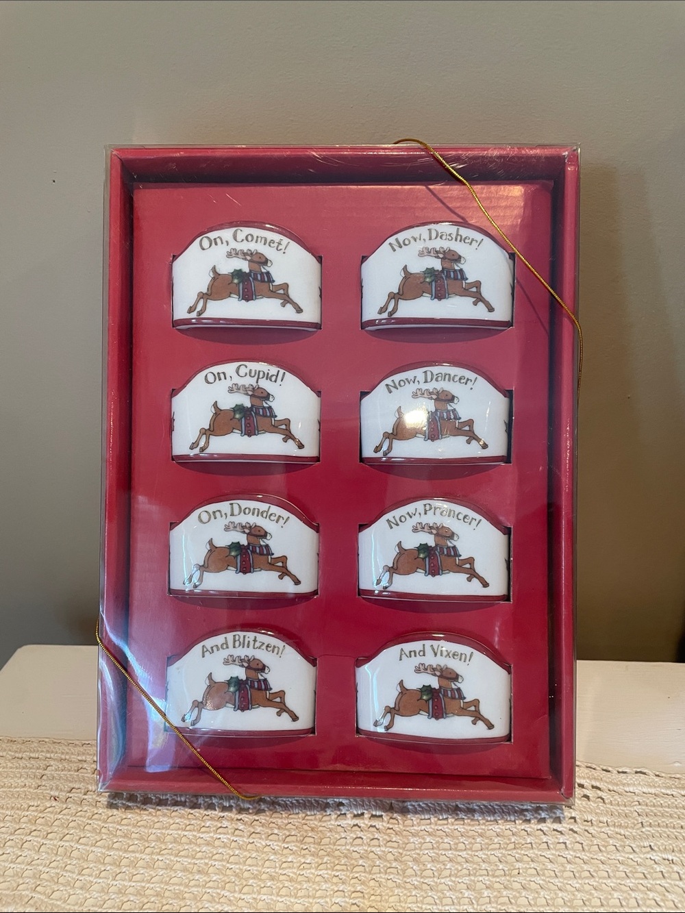 Festive Reindeer Napkin Ring Set - Red and White new in box